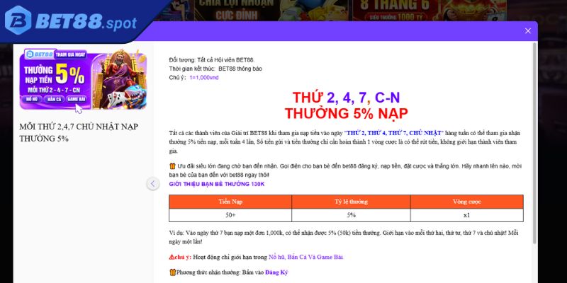 Thưởng Nạp Tiền 5% Bet88 – Cơ Hội Hấp Dẫn Cho Người Chơi 1 Nội dung ưu đãi thưởng nạp tiền 5% Bet88